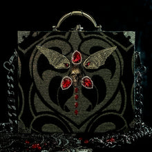 Load image into Gallery viewer, Black and gold winged skull hand bag