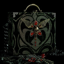 Load image into Gallery viewer, Black and gold winged skull hand bag