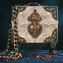 Load image into Gallery viewer, Beige and gold brocade with heart handbag.