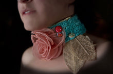 Load image into Gallery viewer, Pink rose on a bed of turqoise flowers neo victorian choker