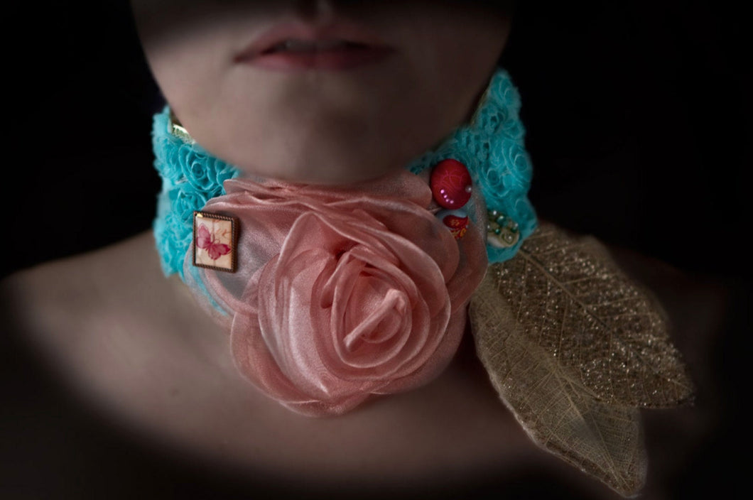 Pink rose on a bed of turqoise flowers neo victorian choker