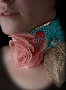 Pink rose on a bed of turqoise flowers neo victorian choker
