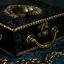Load image into Gallery viewer, Gold Sacred Heart on black velvet handbag