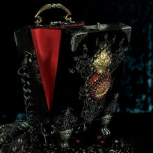 Load image into Gallery viewer, Black velvet sacred heart with rhinestones hand bag