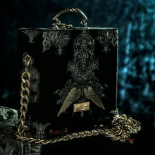 Load image into Gallery viewer, Gold Sacred Heart on black and gold velvet handbag