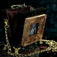 Load image into Gallery viewer, Virgin and child on black and gold velvet hand bag
