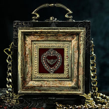 Load image into Gallery viewer, Victorian black and gold velvet with framed heart and angel hand bag