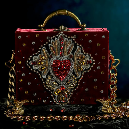 Embroidered sacred heart with rhinestones on burgundy velvet hand bag