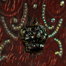 Load image into Gallery viewer, Framed victorian cameo on red and cyan brocade hand bag