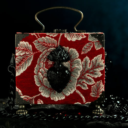 Red brocade with black sacred heart handbag