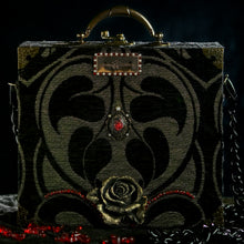 Load image into Gallery viewer, Black and gold winged skull hand bag
