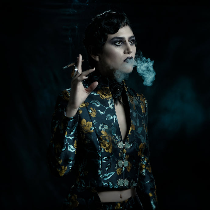 Blue and yellow tailored brocade jacket