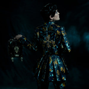 Blue and yellow tailored brocade jacket