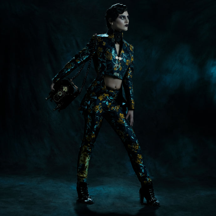 Blue and yellow  brocade cigarrette trousers