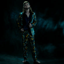 Load image into Gallery viewer, Blue and yellow brocade tailored trousers