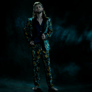 Blue and yellow brocade tailored trousers