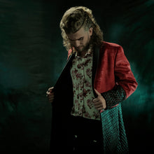 Load image into Gallery viewer, Red velvety coat with black imitation leather diamonds mesh
