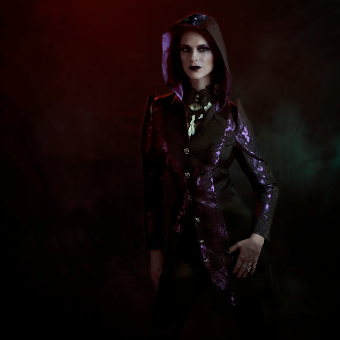 Purple brocade hooded coat