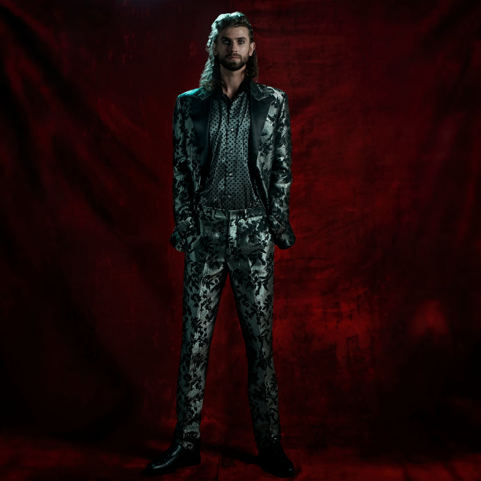Pantalones en brocado plata y negro