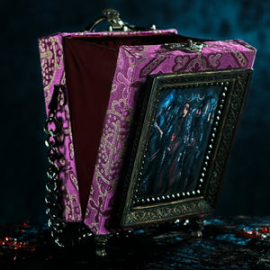 Purple and silver brocade Hecate hand bag