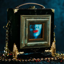 Load image into Gallery viewer, Framed Kali mouth on black velvet brocade hand bag