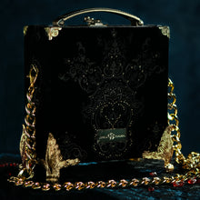 Load image into Gallery viewer, Framed Kali mouth on black velvet brocade hand bag
