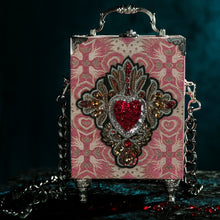 Load image into Gallery viewer, Pink brocade sacred heart with rhinestones hand bag