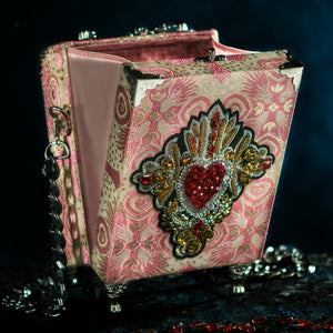 Pink brocade sacred heart with rhinestones hand bag
