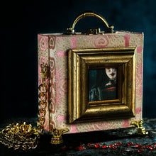 Load image into Gallery viewer, Framed Joan the Mad lips on a pink brocade handbag