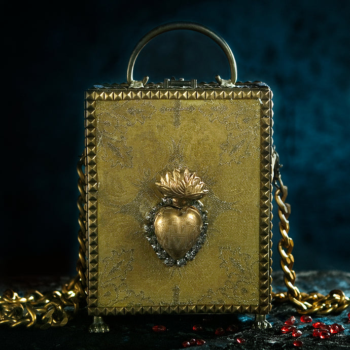 Gold brocade sacred heart with rhinestones hand bag