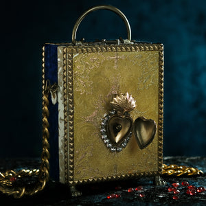 Gold brocade sacred heart with rhinestones hand bag