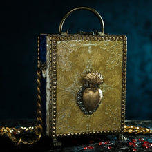 Load image into Gallery viewer, Gold brocade sacred heart with rhinestones hand bag