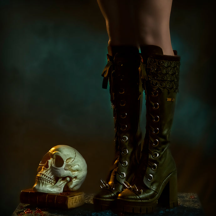 Black guipiure and leather boots