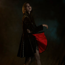 Load image into Gallery viewer, Black faux fuir coat with red rose button