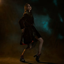 Load image into Gallery viewer, Black faux fuir coat with red rose button