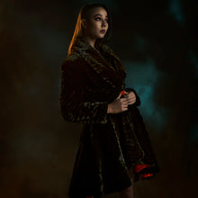 Load image into Gallery viewer, Black faux fur coat with red rose button