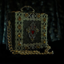 Load image into Gallery viewer, Red embroidered sacred heart on brocade with rhinestones hand bag