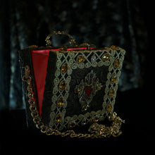 Load image into Gallery viewer, Red embroidered sacred heart on brocade with rhinestones hand bag