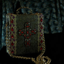 Load image into Gallery viewer, Red and clear rhinestones cross applique on bronze brocade hand bag