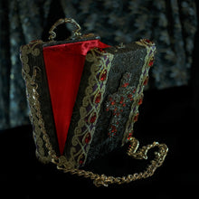 Load image into Gallery viewer, Red and clear rhinestones cross applique on bronze brocade hand bag