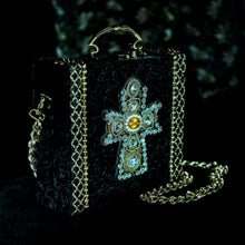 Load image into Gallery viewer, Yellow and clear rhinestones cross on black velvet hand bag