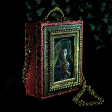 Load image into Gallery viewer, Virgin of Sorrows on red brocade hand bag