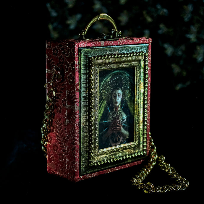 Virgin of Sorrows on red brocade hand bag