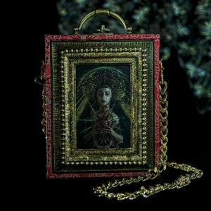 Virgin of Sorrows on red brocade hand bag