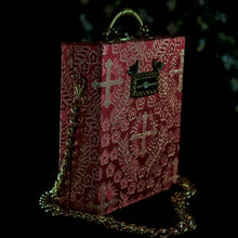 Load image into Gallery viewer, Virgin of Sorrows on red brocade hand bag