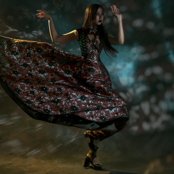 Burgundy and black brocade long dress
