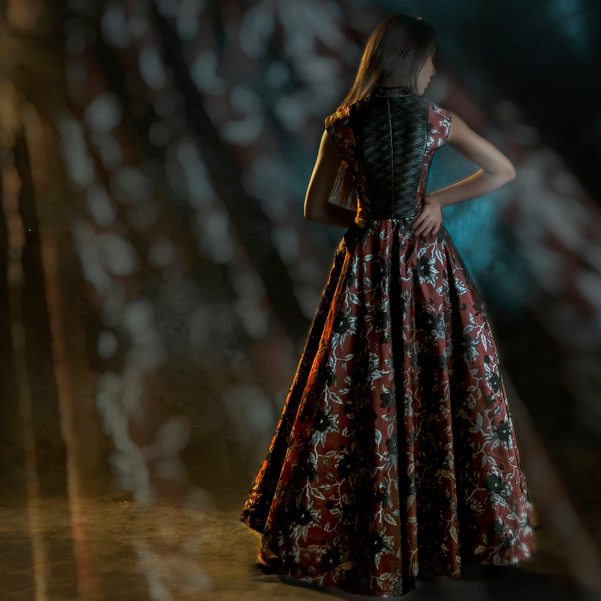 Burgundy and black brocade long dress – Lorena Cordero Burgundy and black brocade long dress – Lorena Cordero