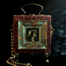 Load image into Gallery viewer, Framed Virgin of Quito on a red and cyan brocade