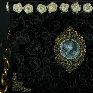 Victorian cameo on black velvet brocade hand bag