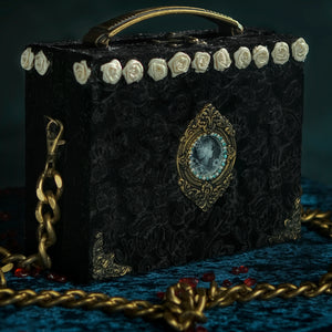 Victorian cameo on black velvet brocade hand bag